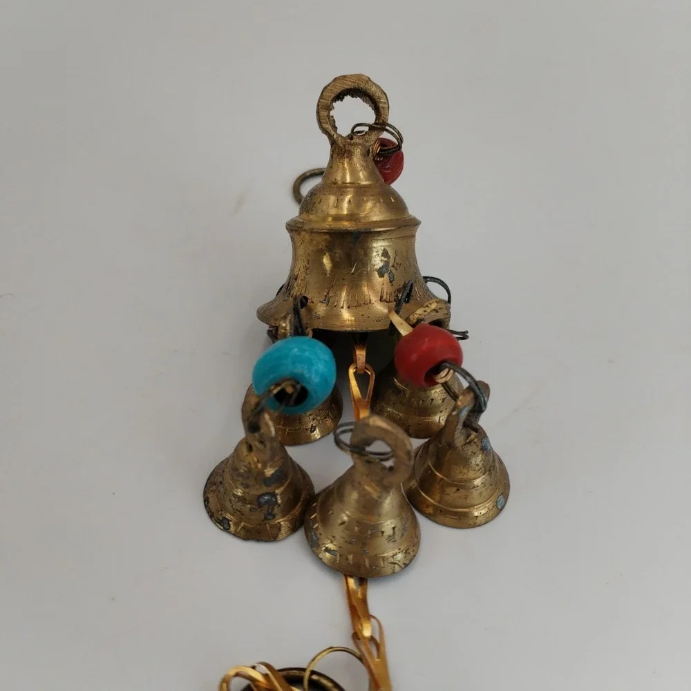 Vintage Brass Cluster Wind Chime Mini Temple Bells Boho Hanging Decor with Beads